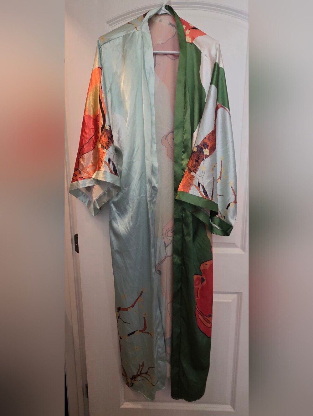Silky Floral Print Kimono Robe in Light Blue, Green & Rust Orange